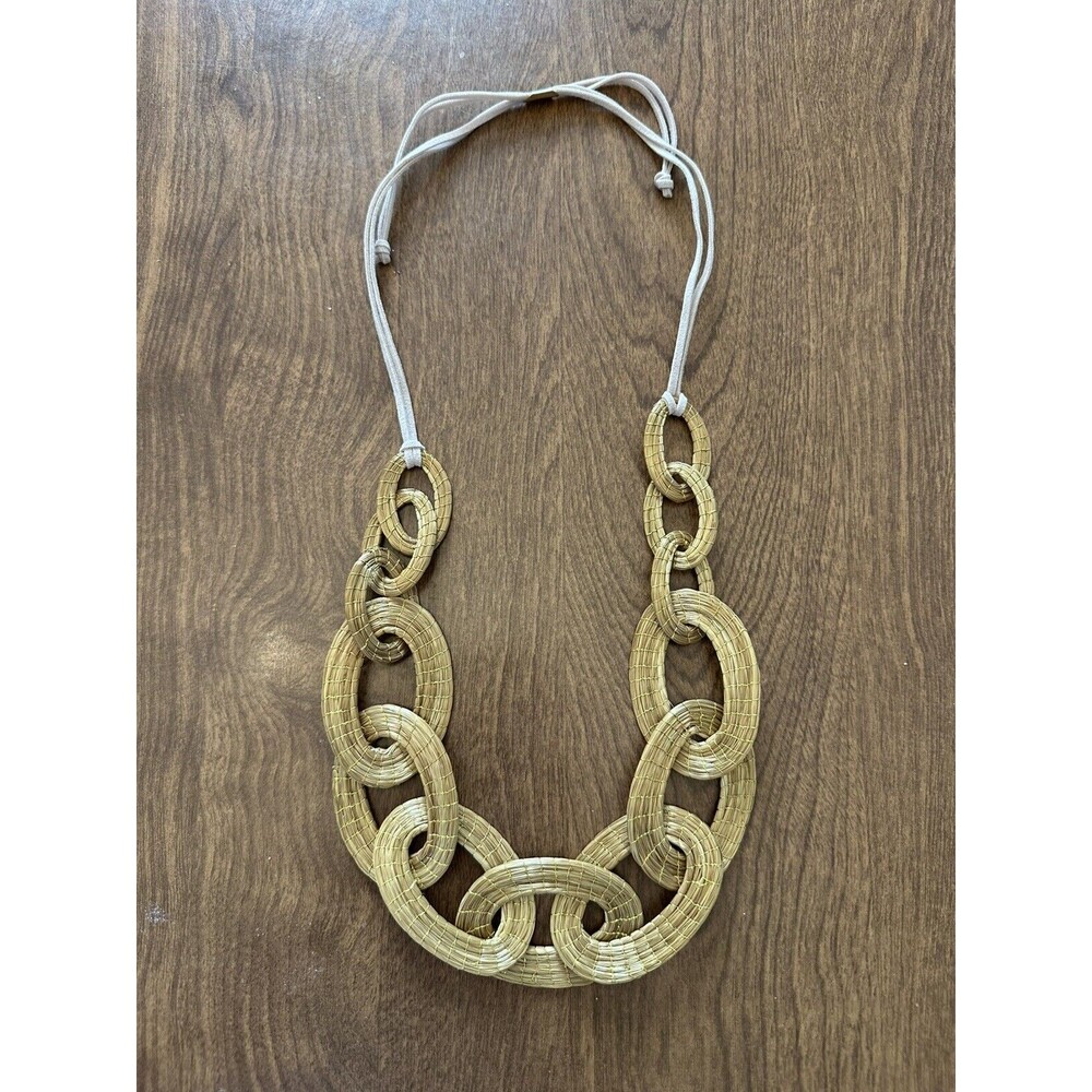 Vintage Gold Rattan Wide Braided Necklace with Leather Strap Closure 13 inch